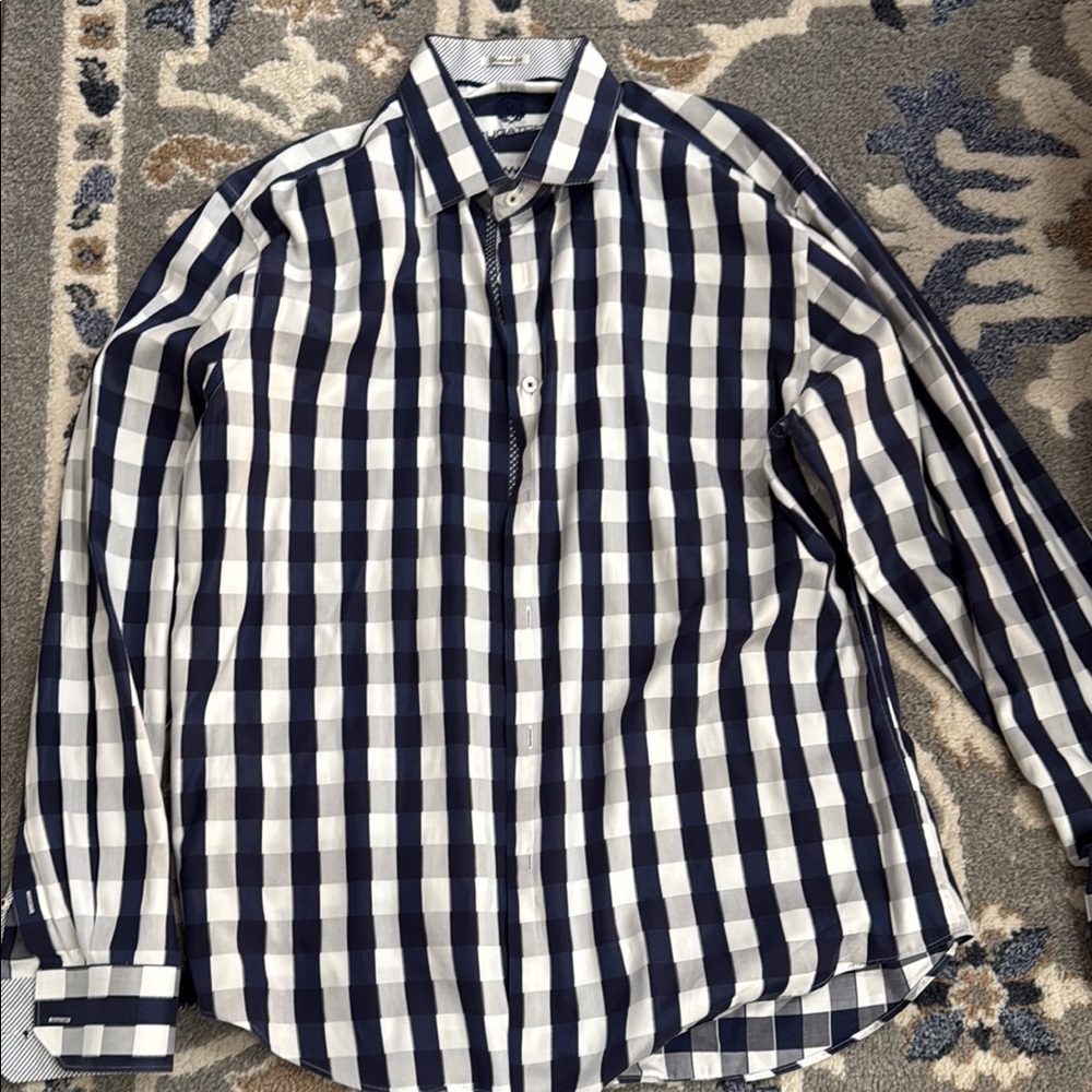 Men's Blue and White Checkered Shirt